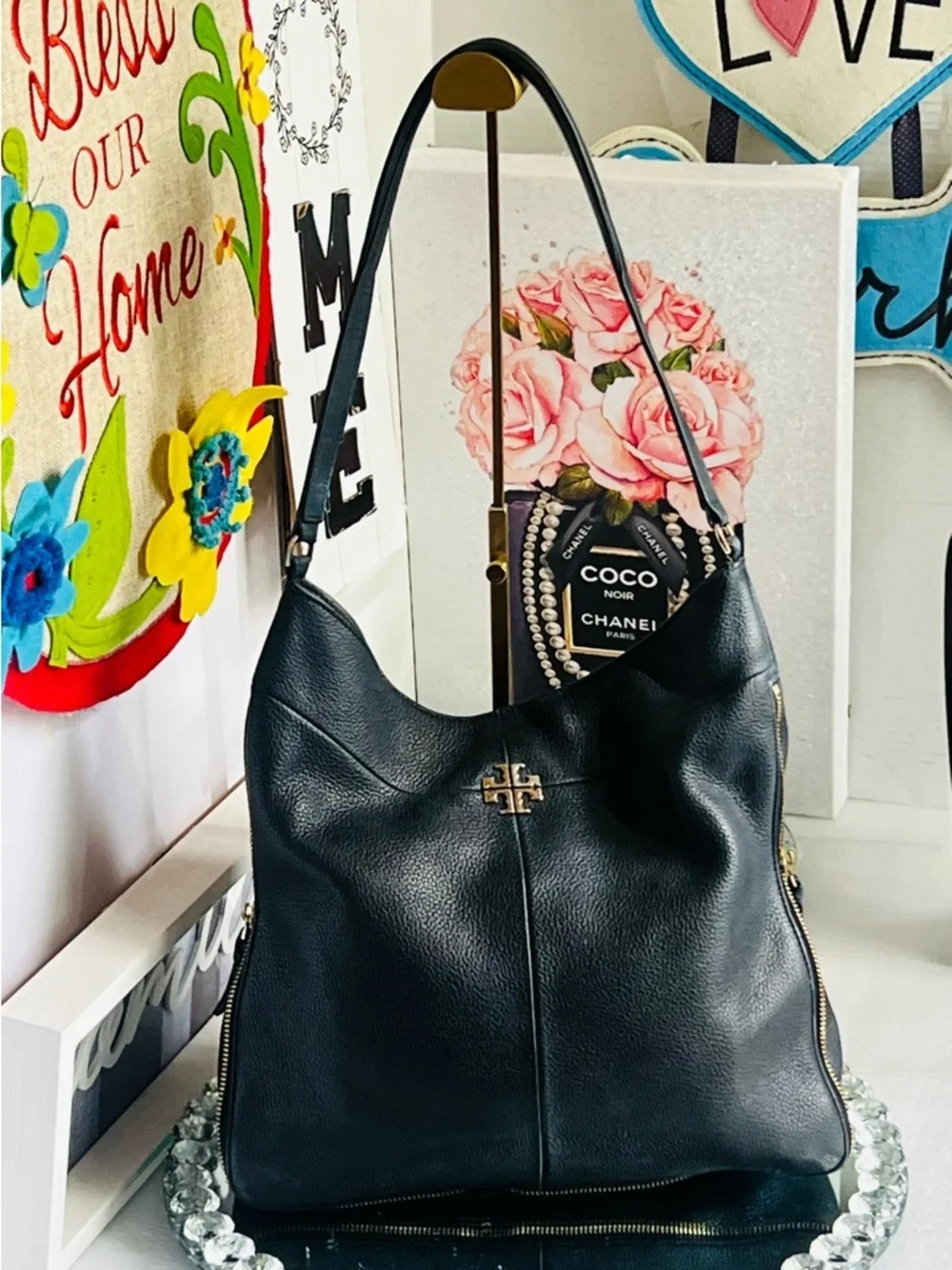 Tory Burch Black Pebbled Leather Hobo with Gold Logo
